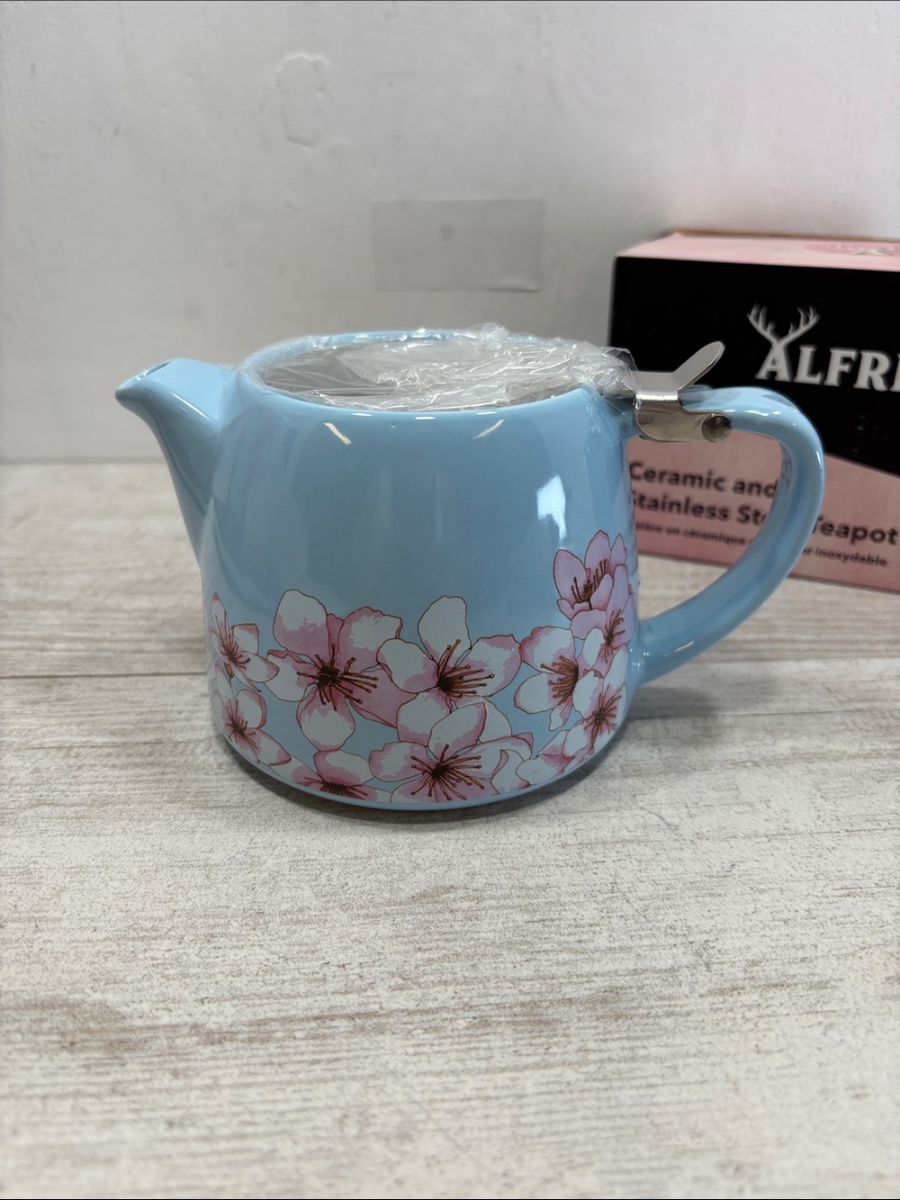 Alfred Cherry Blossom Blue Ceramic Teapot Stainless Steel Infuser NIB